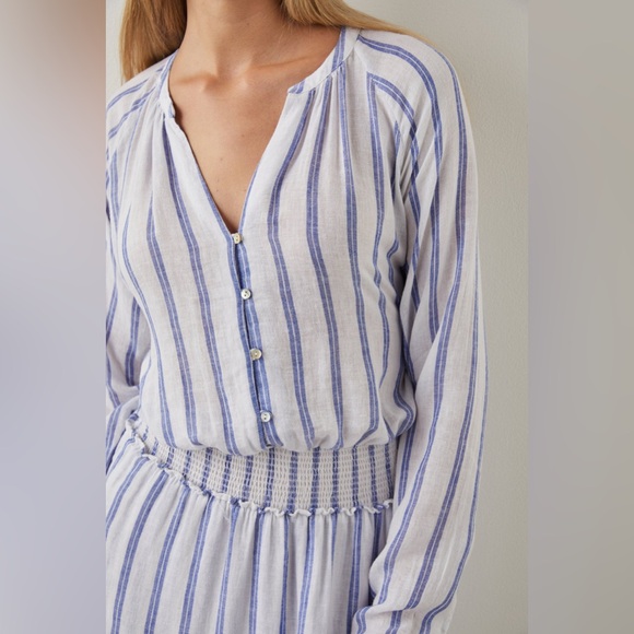 RAILS “Jasmine” White and Blue Stripe Long Sleeve Smocked Waist Dress - Picture 2 of 11